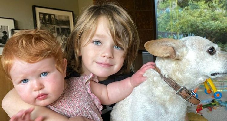 A picture of Nicky Marmet's baby Colette, son Oscar, and dog Rufus.